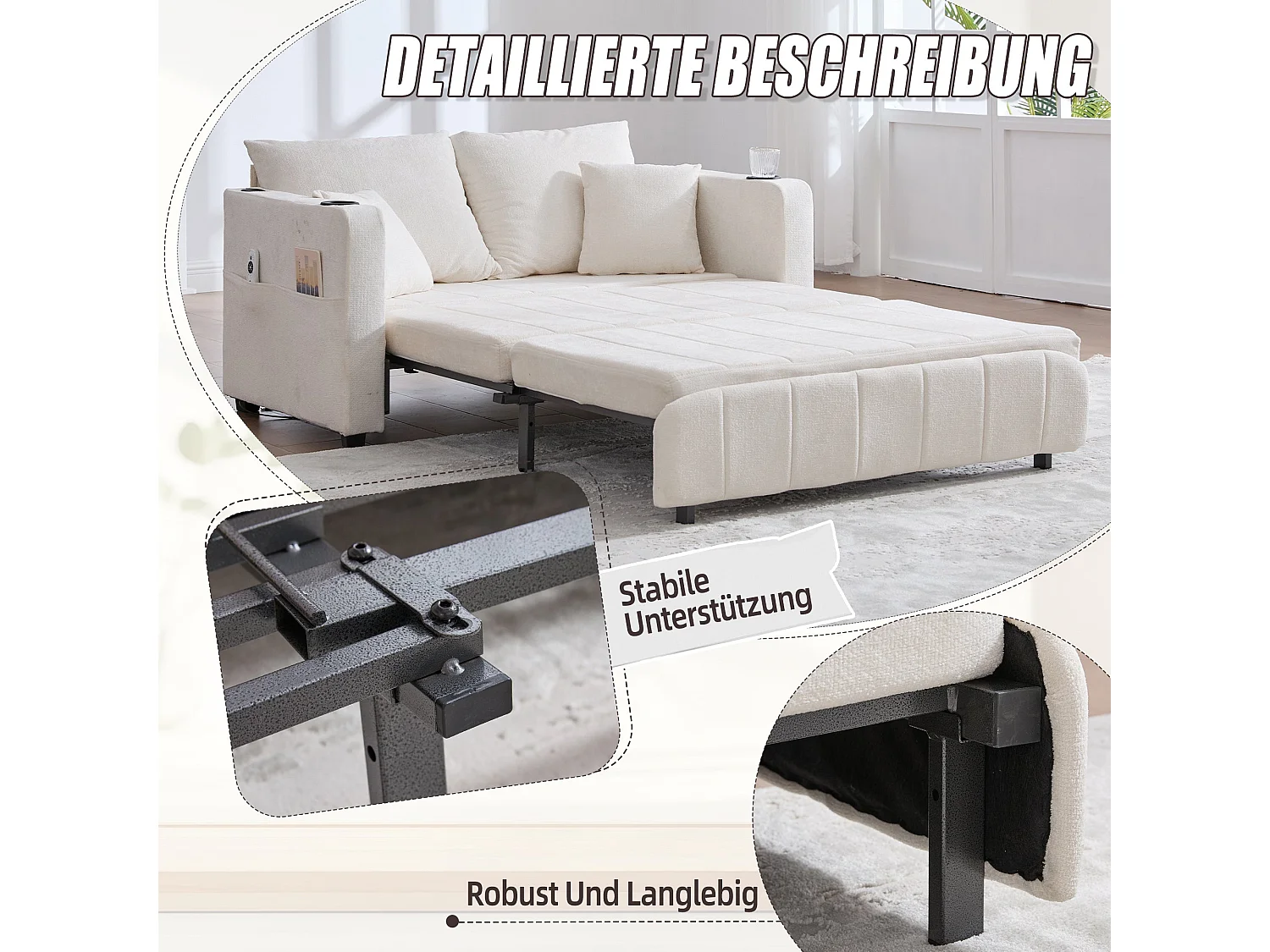 Canapé convertible 2-place en tissu chenille beige, 139x83x58cm, avec rangement, USB et porte-gobelet