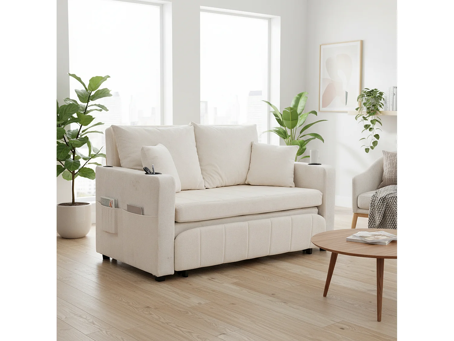 Canapé convertible 2-place en tissu chenille beige, 139x83x58cm, avec rangement, USB et porte-gobelet