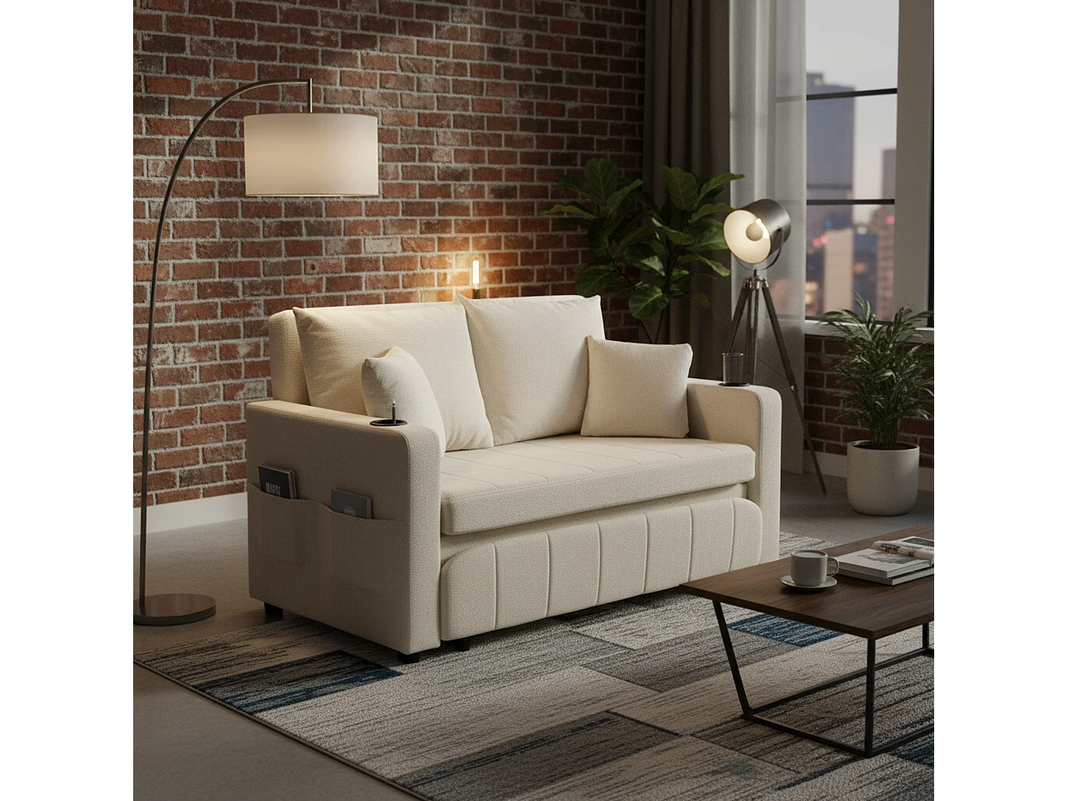 Canapé convertible 2-place en tissu chenille beige, 139x83x58cm, avec rangement, USB et porte-gobelet