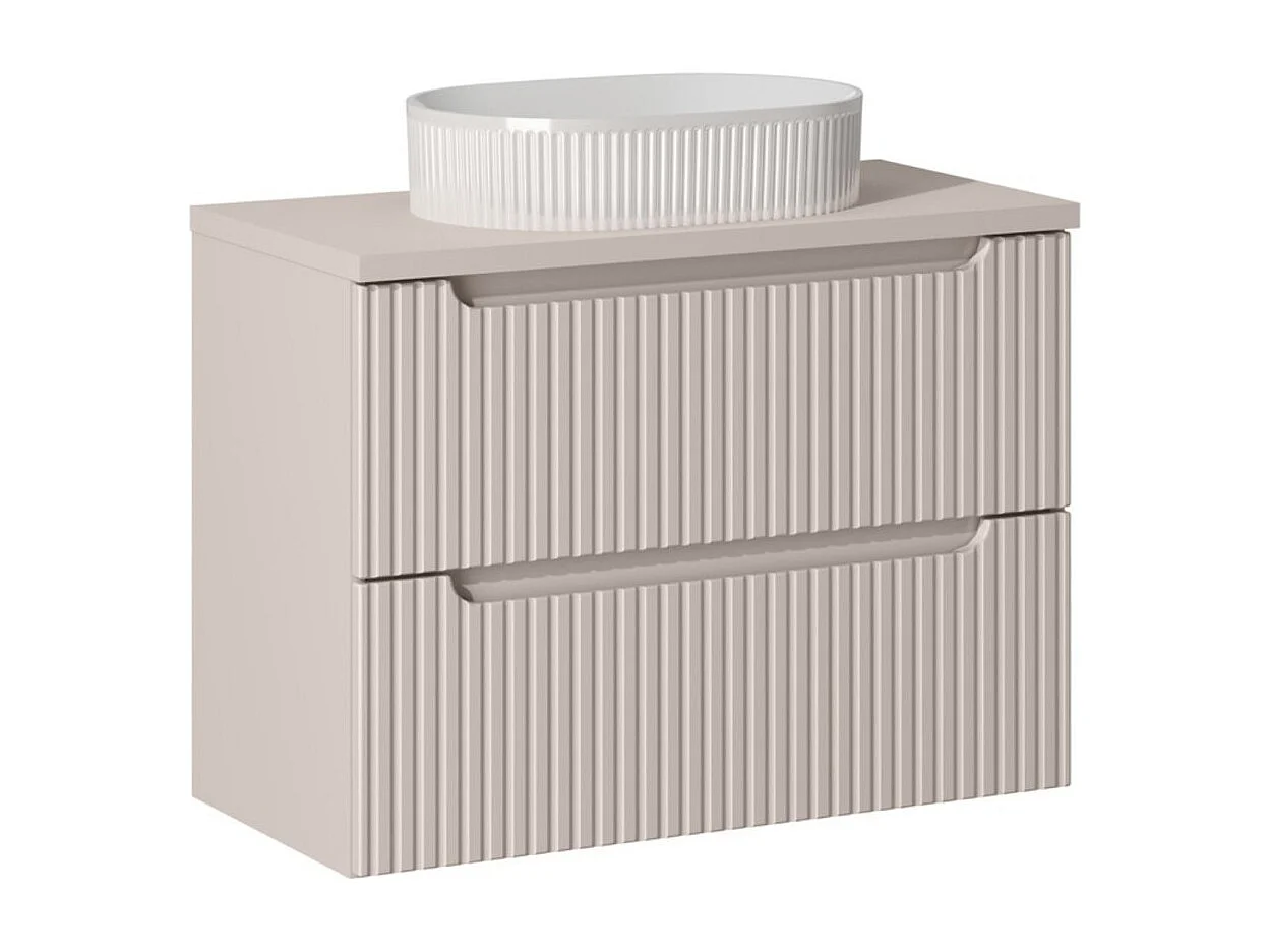 Ensemble VANO cachemire mat 80cm : meuble sous vasque à tiroirs + plan pour vasque + vasque à poser rainurée blanche