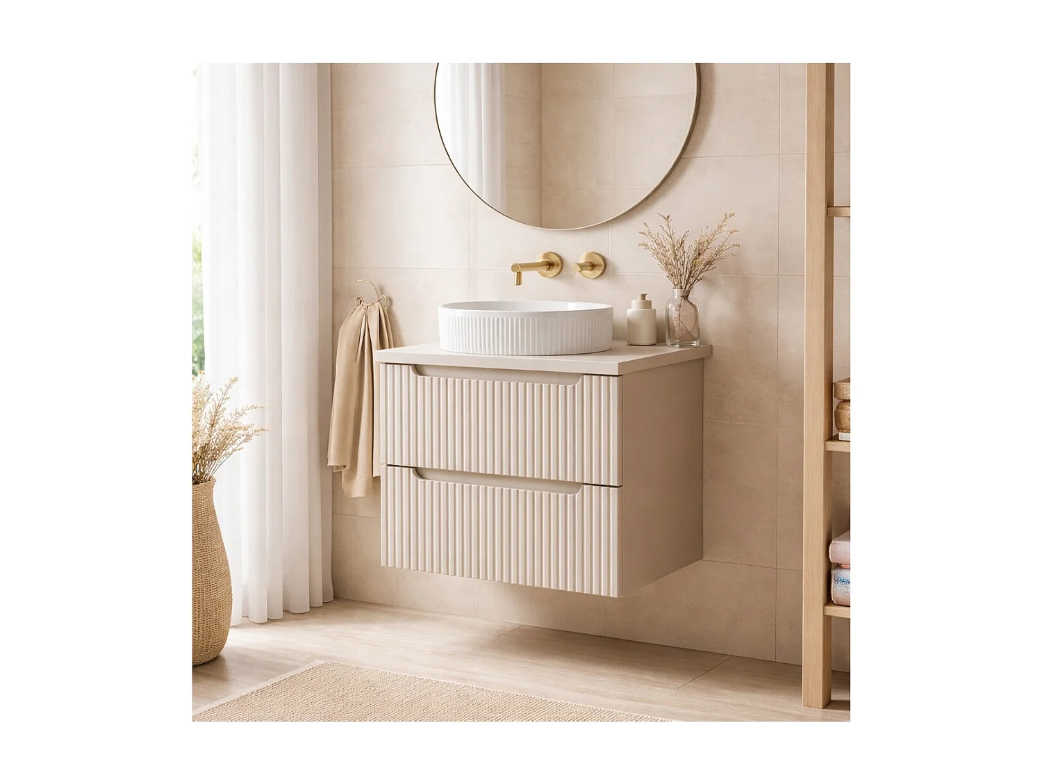 Ensemble VANO cachemire mat 80cm : meuble sous vasque à tiroirs + plan pour vasque + vasque à poser rainurée blanche