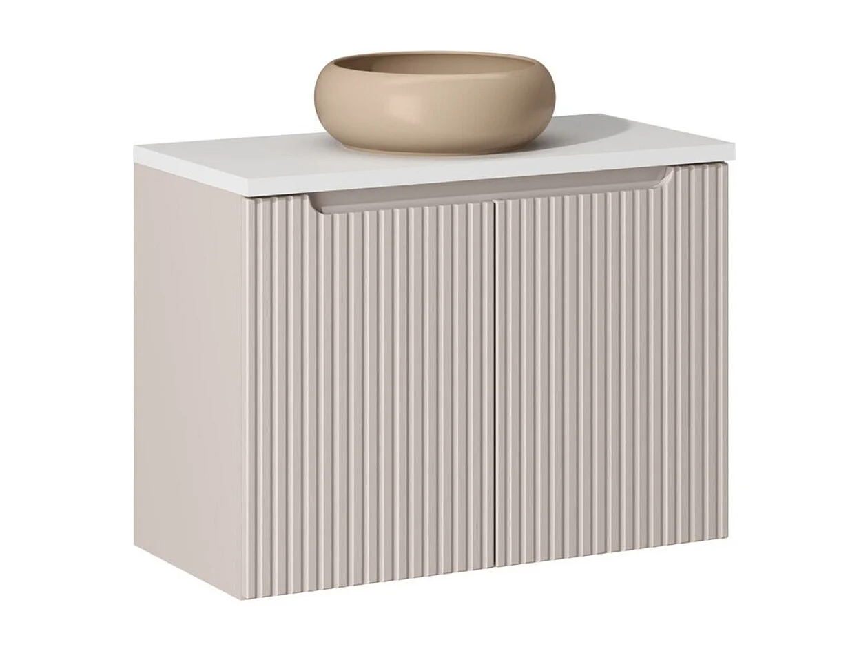 Ensemble VANO cachemire et blanc 80cm : meuble sous vasque à placards + plan pour vasque + vasque à poser ronde cappuccino