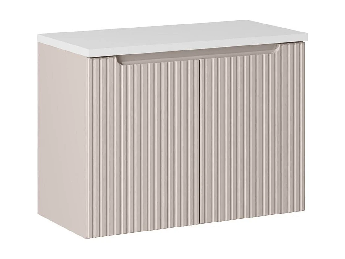 Ensemble VANO cachemire et blanc 80cm : meuble sous vasque à placards rainuré verticalement + plan pour vasque blanc mat