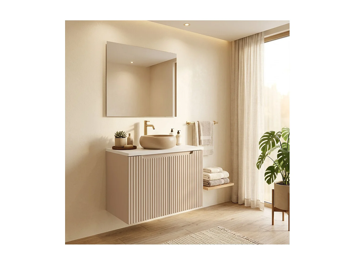 Ensemble VANO cachemire et blanc 80cm : meuble sous vasque à placards rainuré verticalement + plan pour vasque blanc mat