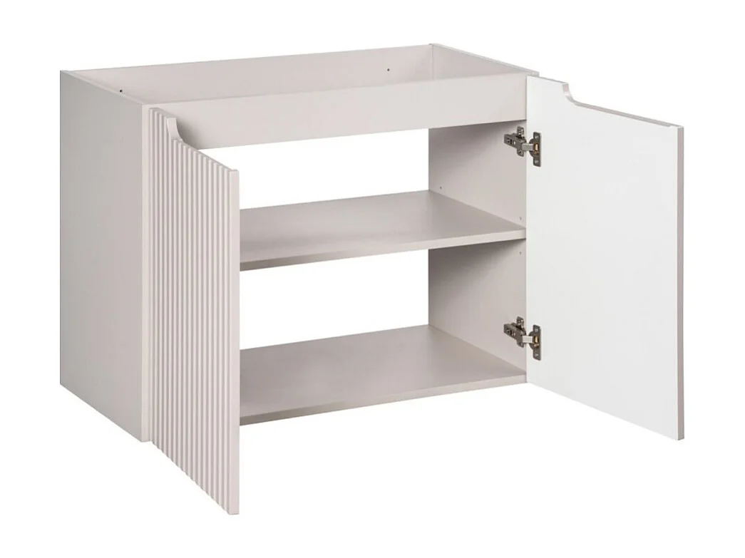 Ensemble VANO cachemire et blanc 80cm : meuble sous vasque à placards rainuré verticalement + plan pour vasque blanc mat