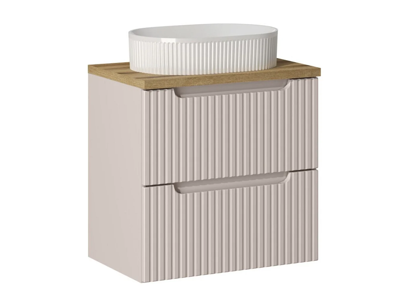 Ensemble VANO cachemire et chêne 60cm : meuble sous vasque à tiroirs + plan pour vasque + vasque à poser rainurée blanche