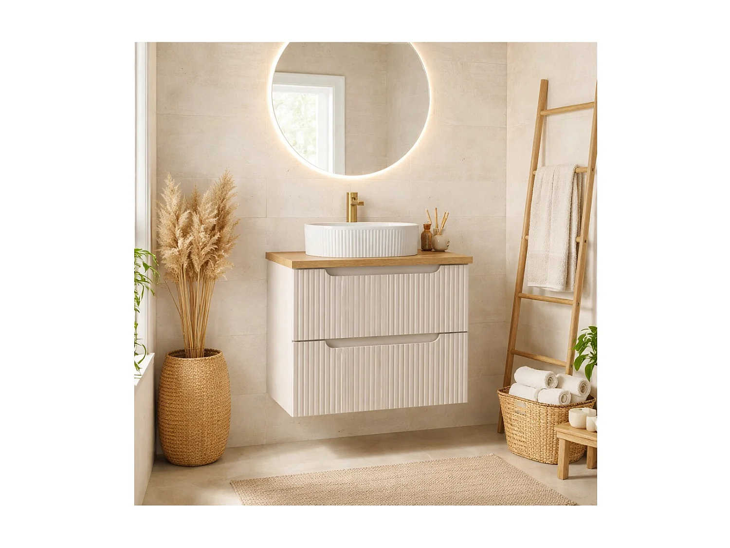 Ensemble VANO cachemire et chêne 60cm : meuble sous vasque à tiroirs + plan pour vasque + vasque à poser rainurée blanche