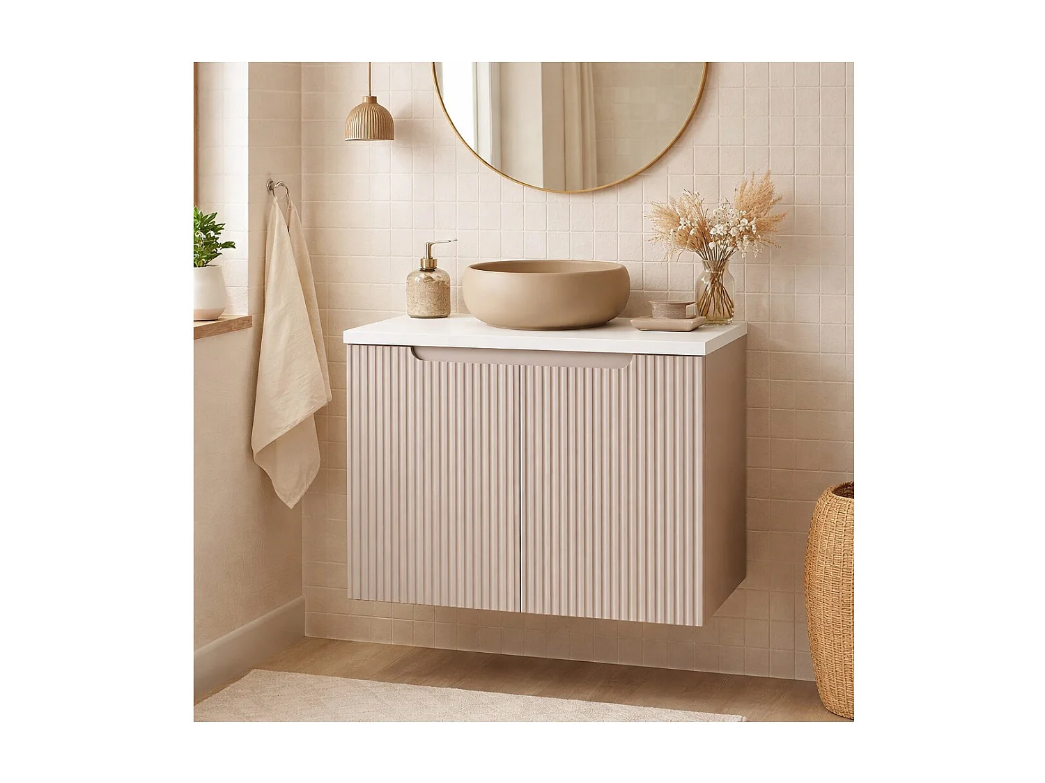 Ensemble de salle de bain VANO cachemire et blanc 60cm : meuble sous vasque à placards rainuré verticalement + plan pour vasque