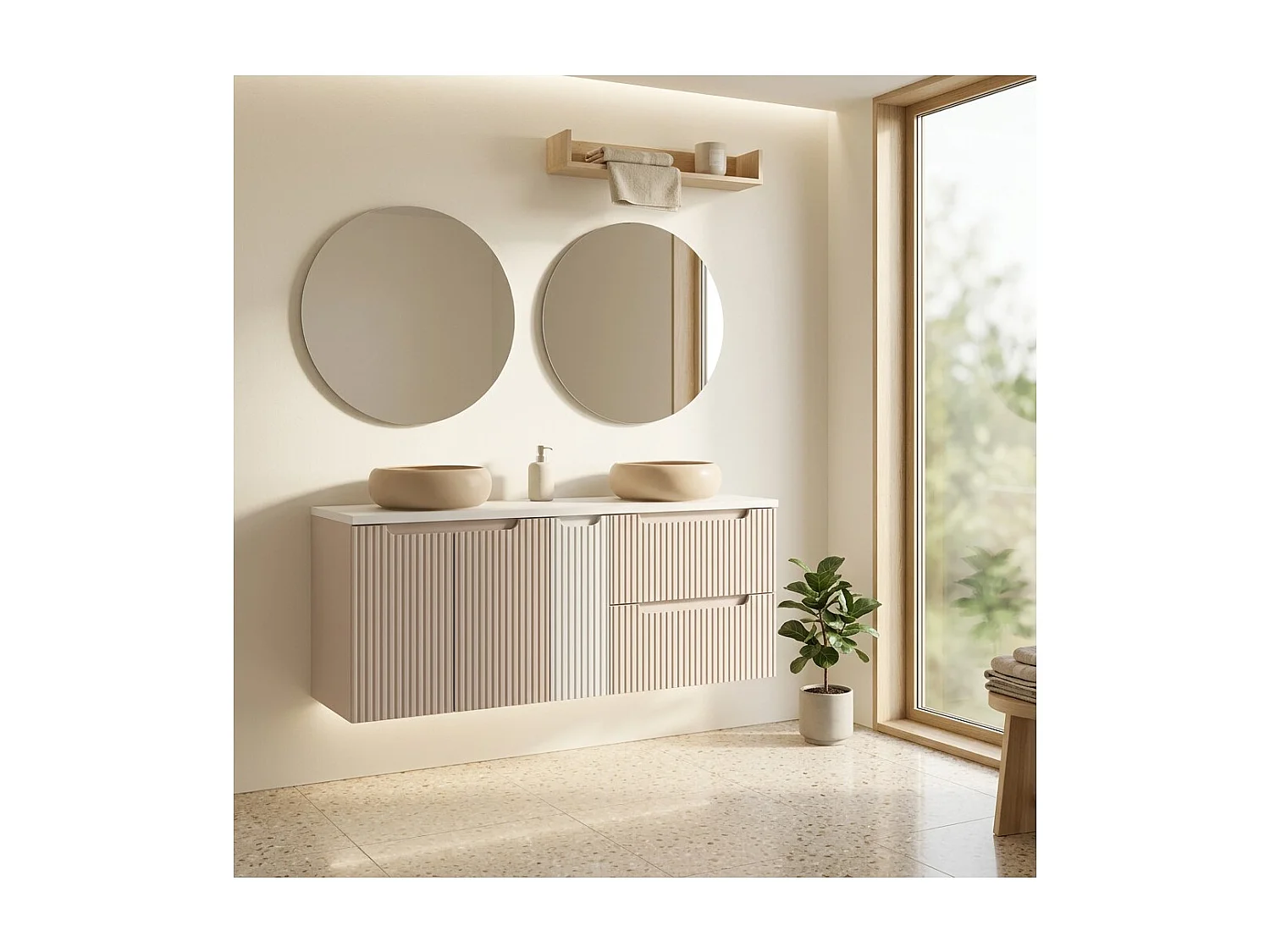 Ensemble VANO cachemire et blanc 140cm : meubles sous vasque à tiroirs et placards + vasques à poser marron cappuccino