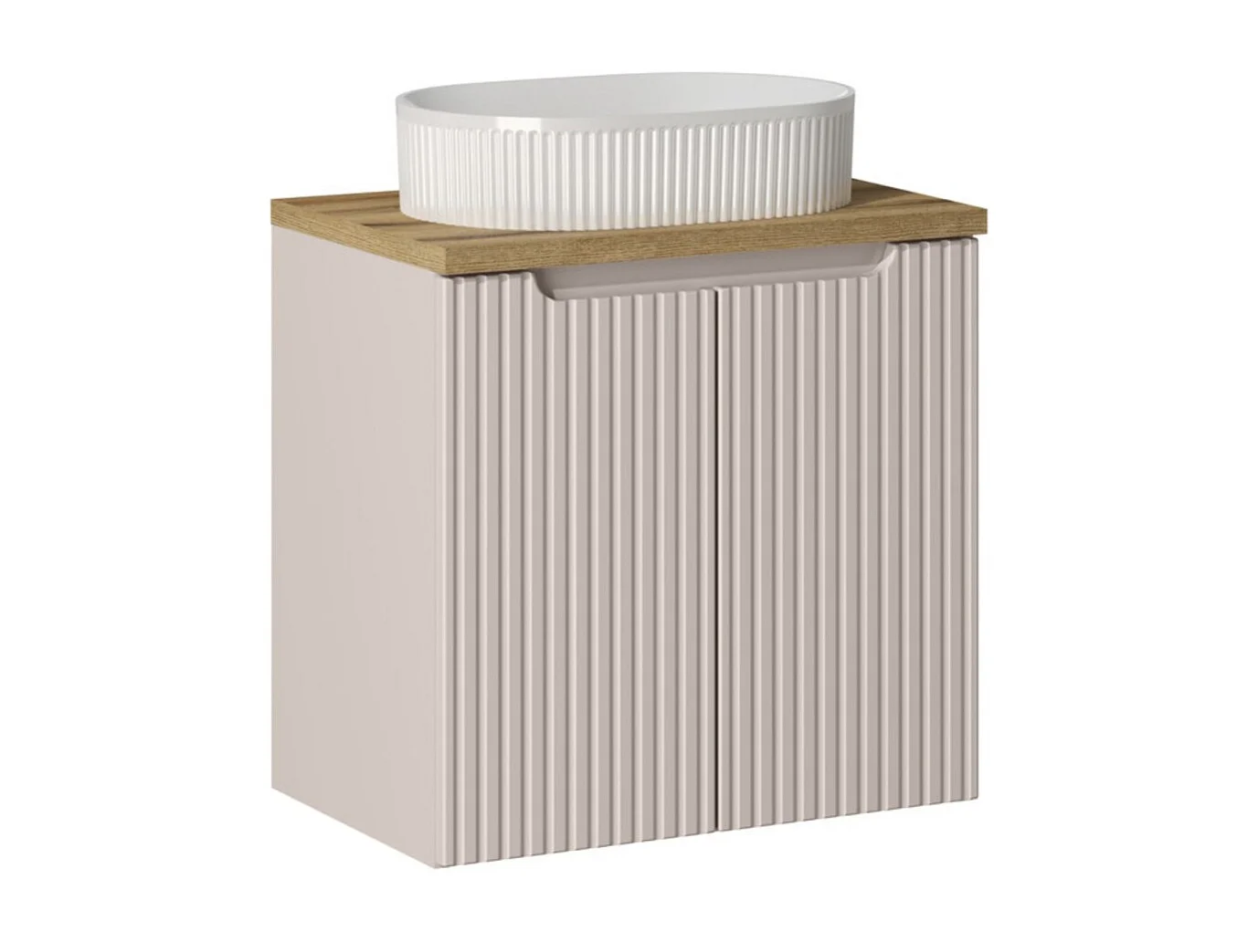 Ensemble VANO cachemire et chêne 60cm : meuble sous vasque à placards + plan pour vasque + vasque à poser rainurée blanche