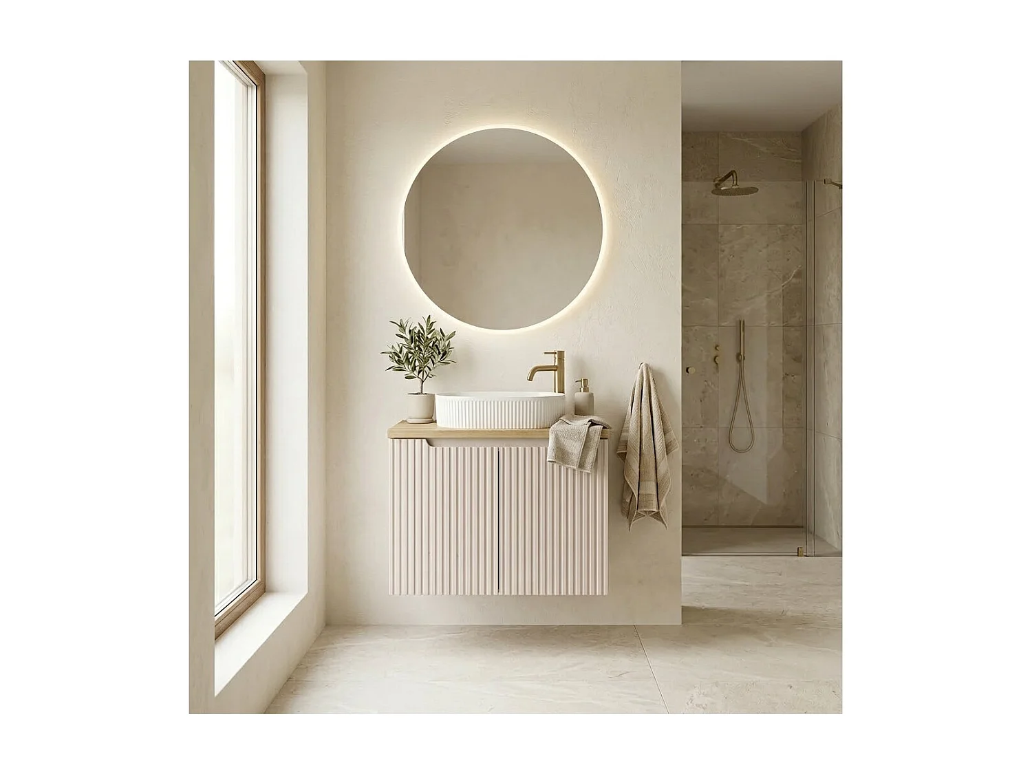 Ensemble VANO cachemire et chêne 60cm : meuble sous vasque à placards + plan pour vasque + vasque à poser rainurée blanche