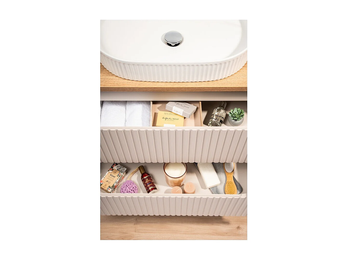 Ensemble VANO cachemire et chêne 80cm : meuble sous vasque à tiroirs + plan pour vasque + vasque à poser rainurée blanche