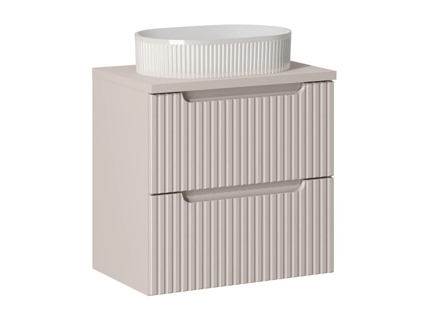 Ensemble VANO cachemire 60cm : meuble sous vasque à tiroirs + plan pour vasque + vasque à poser rainurée blancheCE