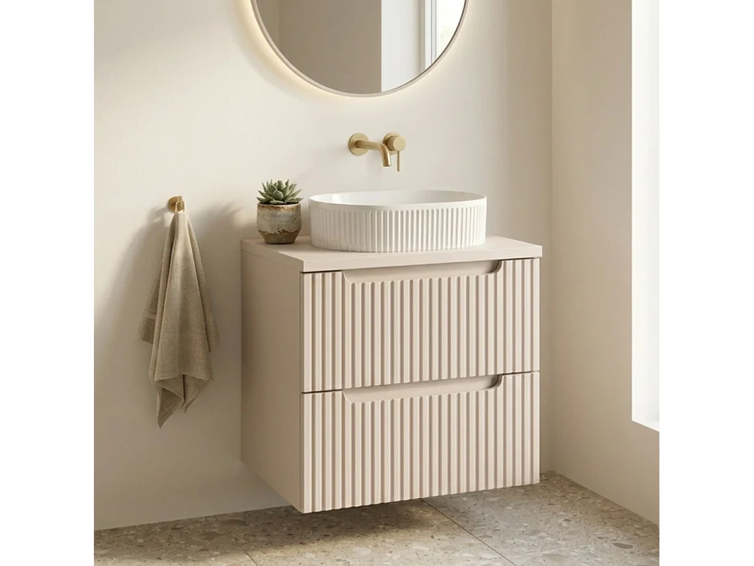 Ensemble VANO cachemire 60cm : meuble sous vasque à tiroirs + plan pour vasque + vasque à poser rainurée blancheCE