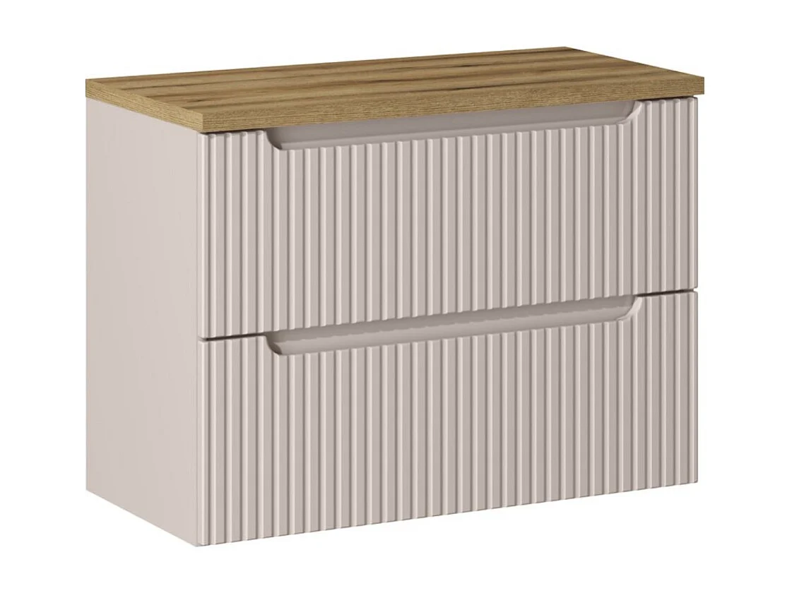 Ensemble de salle de bain VANO cachemire et chêne 80cm : meuble sous vasque à tiroirs rainuré verticalement + plan pour vasque