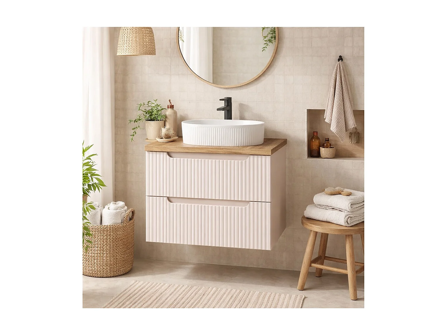 Ensemble de salle de bain VANO cachemire et chêne 80cm : meuble sous vasque à tiroirs rainuré verticalement + plan pour vasque