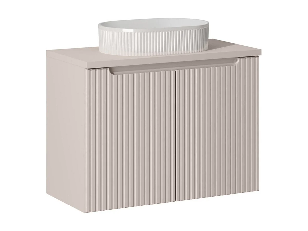 Ensemble VANO cachemire mat 80cm : meuble sous vasque à placards + plan pour vasque + vasque à poser rainurée blanche