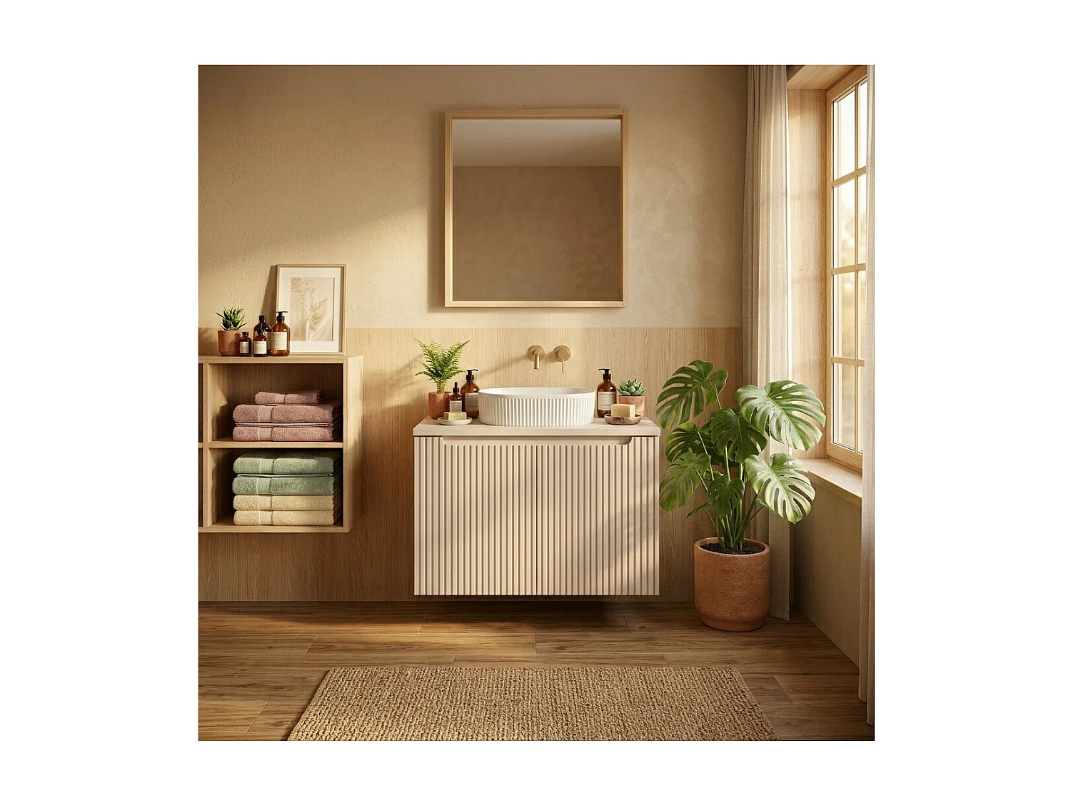 Ensemble VANO cachemire mat 80cm : meuble sous vasque à placards + plan pour vasque + vasque à poser rainurée blanche