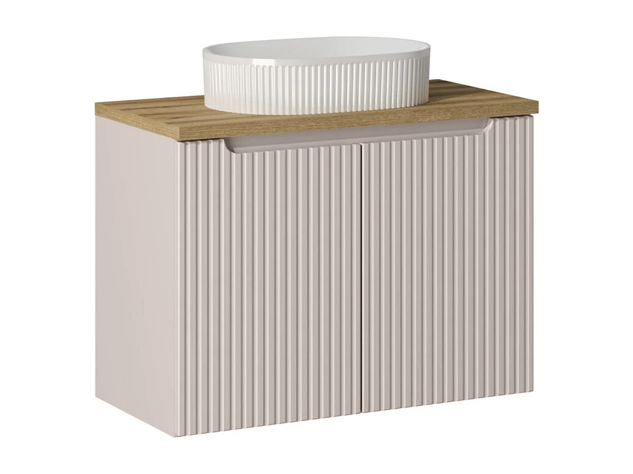 Ensemble VANO cachemire et chêne 80cm : meuble sous vasque à placards + plan pour vasque + vasque à poser rainurée blanche