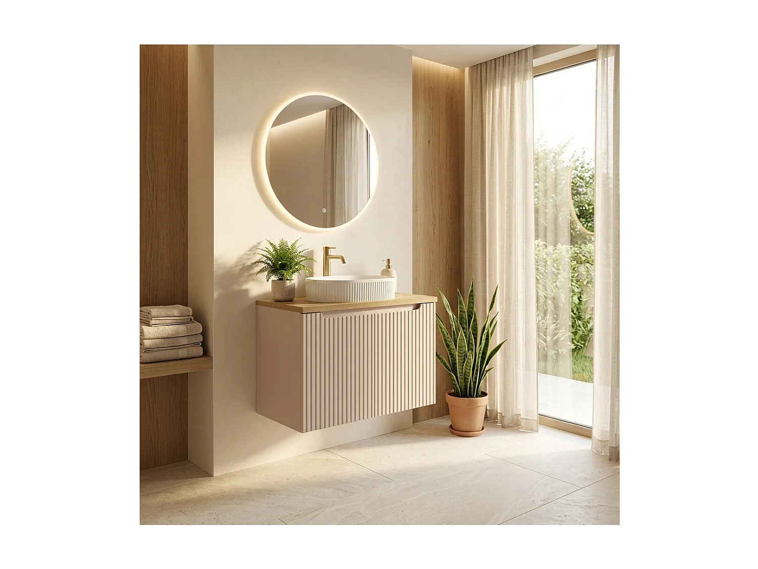 Ensemble VANO cachemire et chêne 80cm : meuble sous vasque à placards + plan pour vasque + vasque à poser rainurée blanche