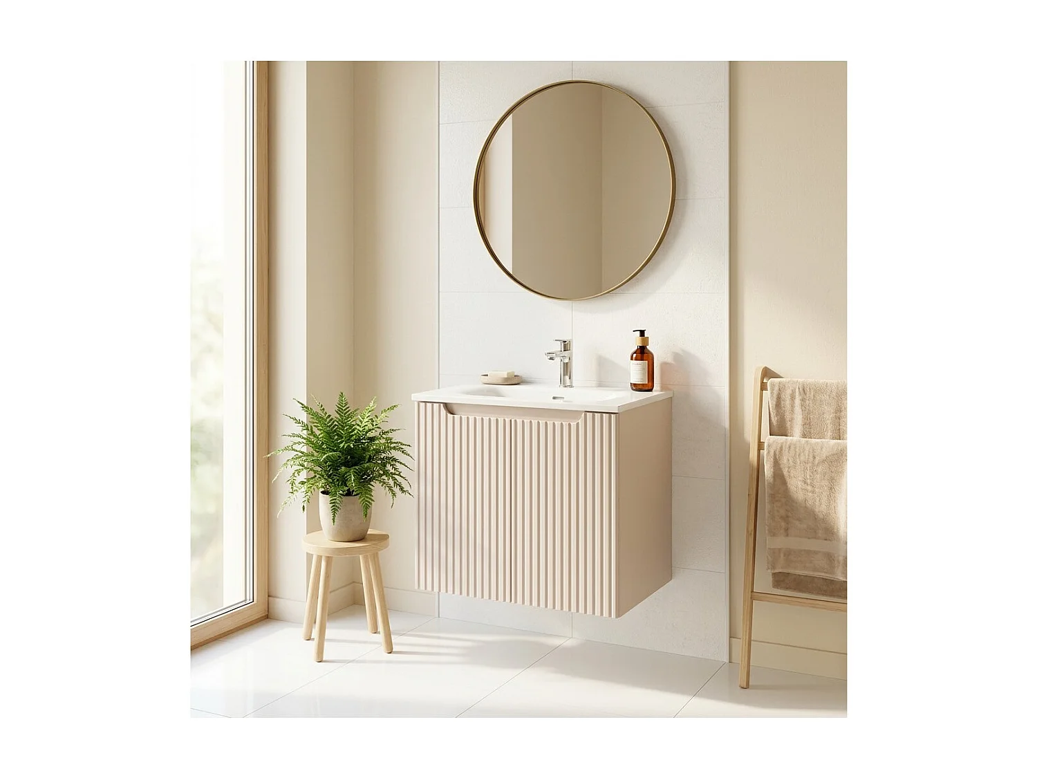 Ensemble de salle de bain VANO cachemire et blanc 60cm : meuble sous vasque à placards rainuré verticalement + vasque encastrée