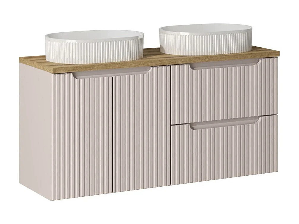 Ensemble VANO cachemire et chêne 120cm : meubles sous vasque à tiroirs et placards + vasques à poser rainurées blanches