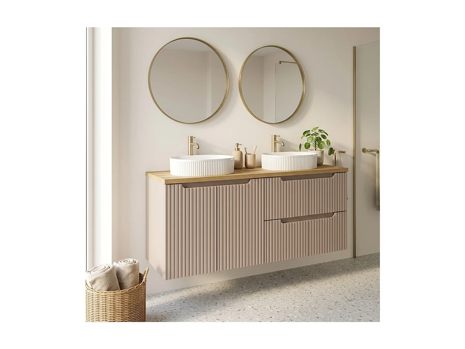 Ensemble VANO cachemire et chêne 120cm : meubles sous vasque à tiroirs et placards + vasques à poser rainurées blanches