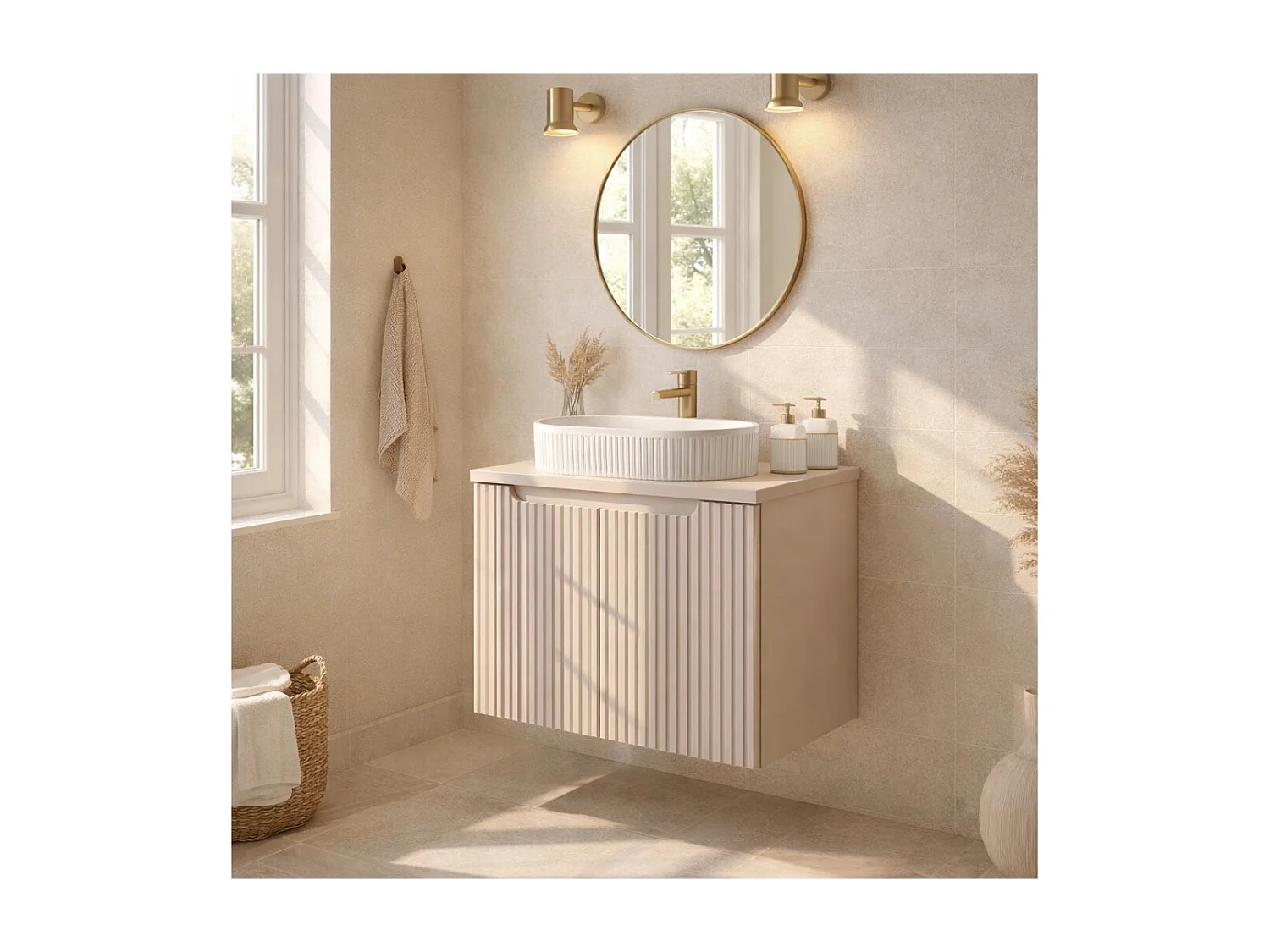 Ensemble de salle de bain suspendu VANO cachemire 60cm : meuble sous vasque à placards rainuré verticalement + plan pour vasque