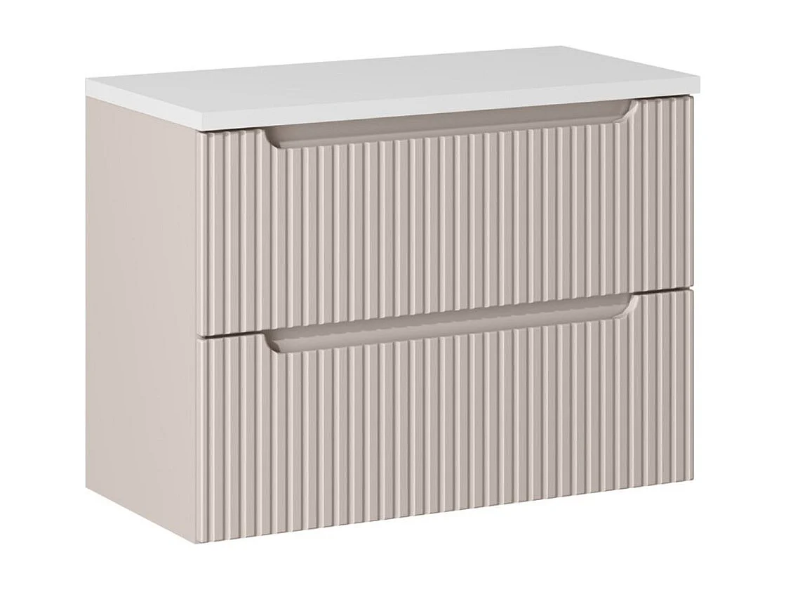 Ensemble VANO cachemire et blanc 80cm : meuble sous vasque à tiroirs rainuré verticalement + plan pour vasque blanc mat