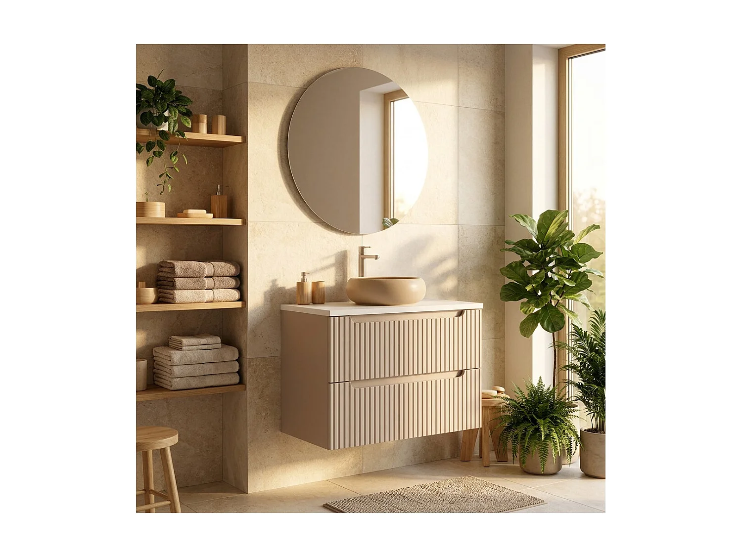 Ensemble VANO cachemire et blanc 80cm : meuble sous vasque à tiroirs rainuré verticalement + plan pour vasque blanc mat