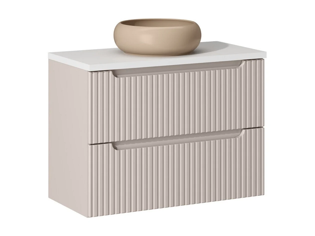 Ensemble VANO cachemire et blanc 80cm : meuble sous vasque à tiroirs + plan pour vasque + vasque à poser ronde marron cappuccino