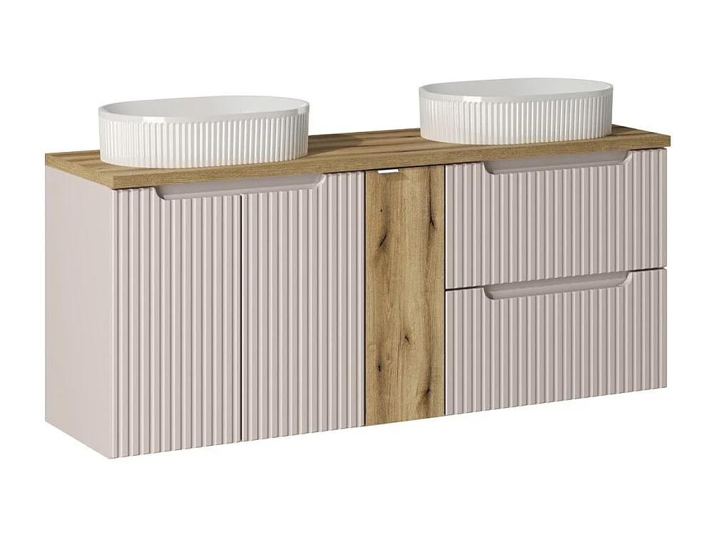 Ensemble VANO cachemire et chêne 140cm : meubles sous vasque à tiroirs et placards + vasques à poser rainurées blanches