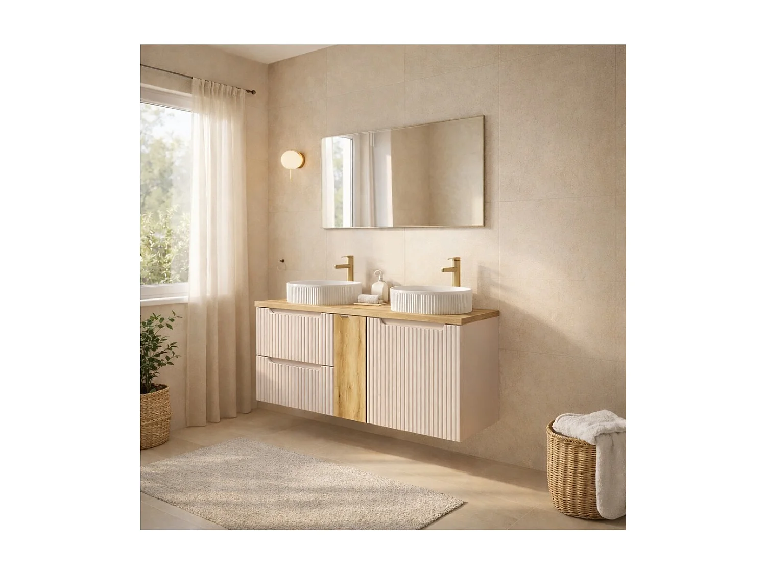 Ensemble VANO cachemire et chêne 140cm : meubles sous vasque à tiroirs et placards + vasques à poser rainurées blanches