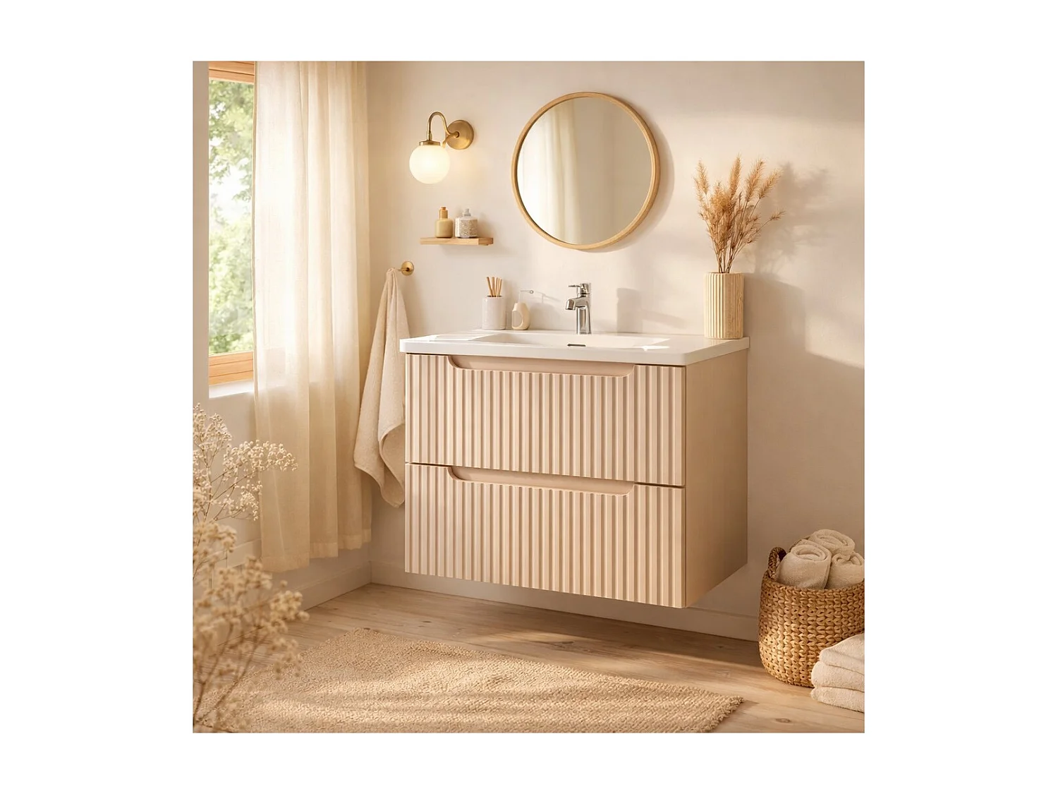 Ensemble de salle de bain VANO cachemire et blanc 60cm : meuble sous vasque à tiroirs rainuré verticalement + vasque encastrée