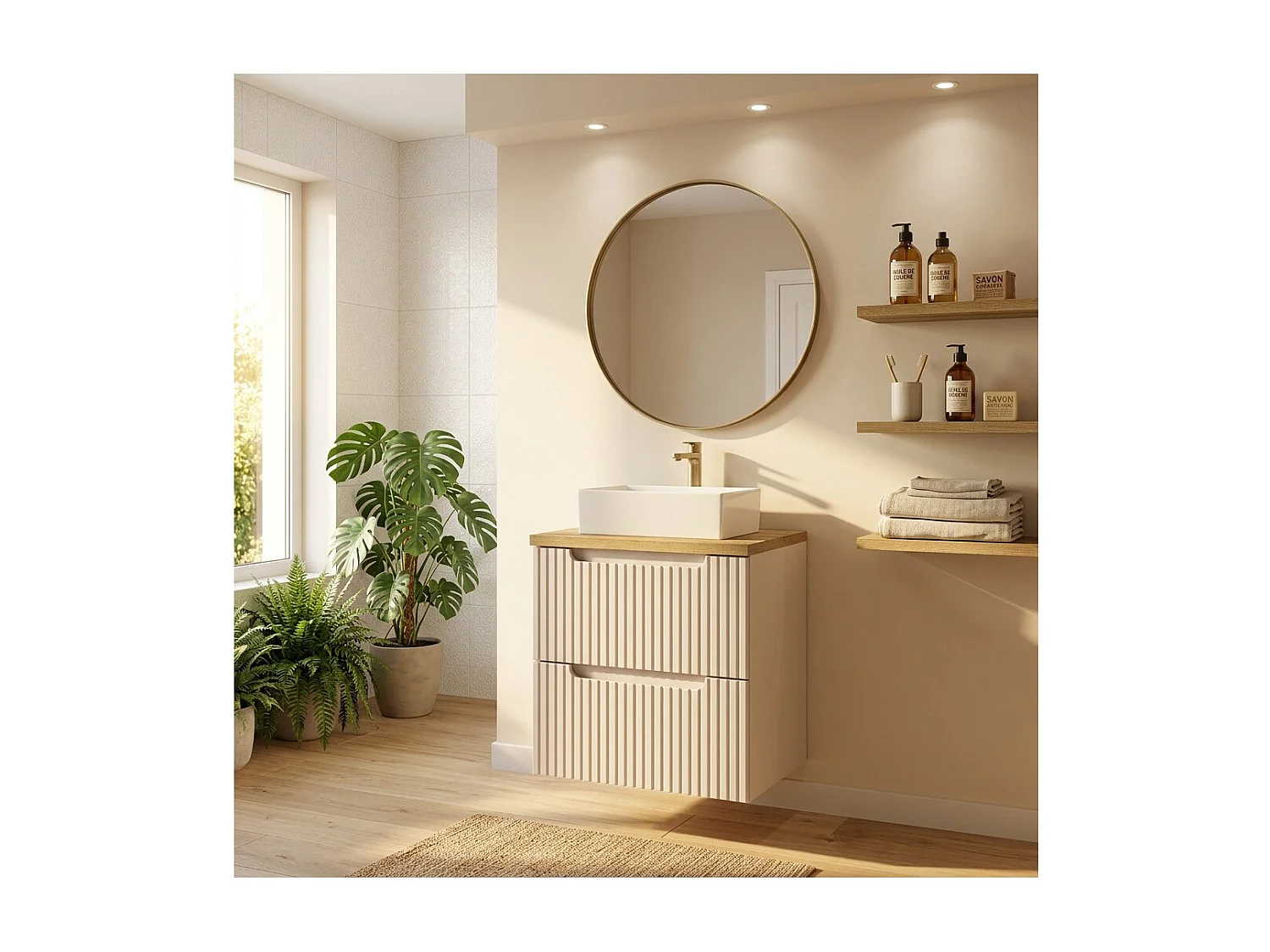 Ensemble de salle de bain VANO cachemire et chêne 50cm : meuble sous vasque à tiroirs rainuré verticalement + plan pour vasque