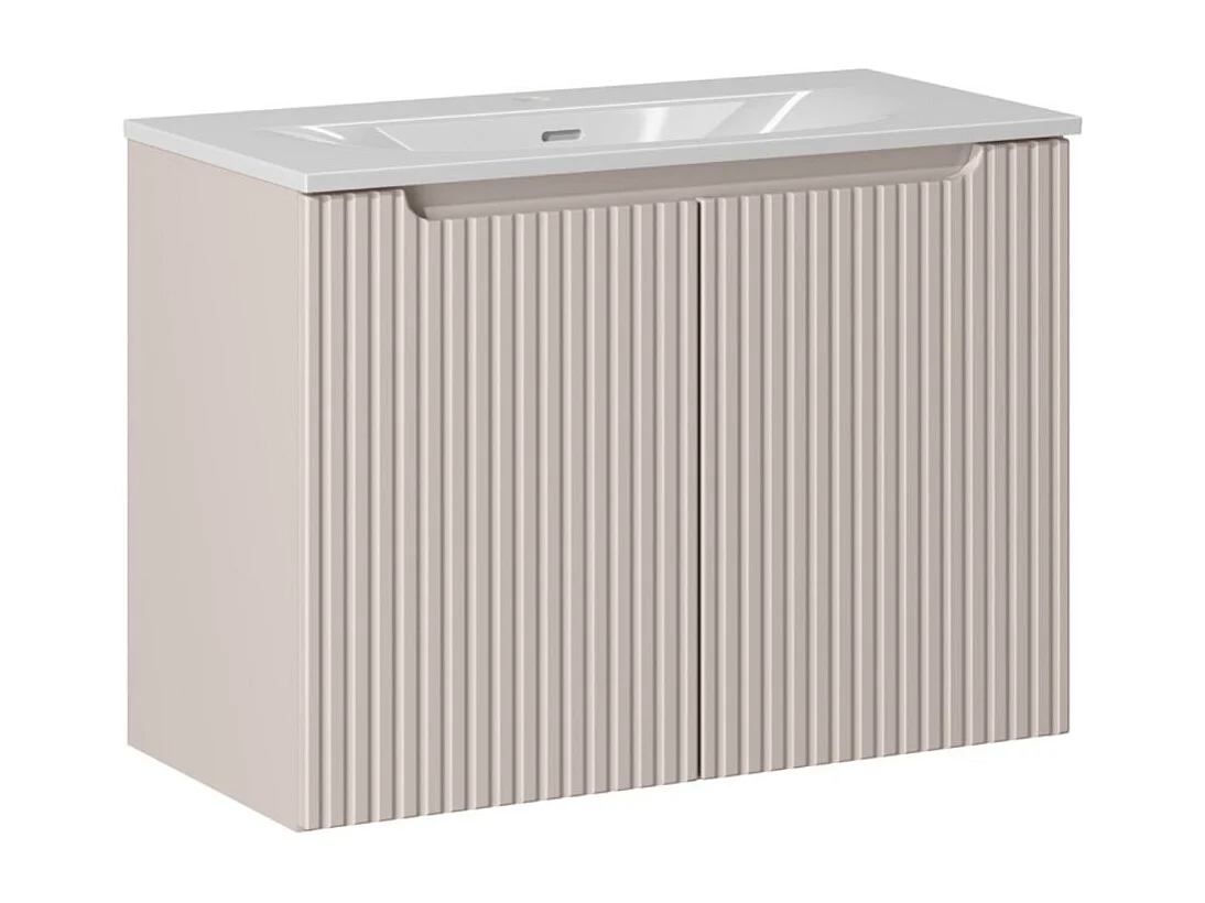 Ensemble VANO cachemire et blanc 80cm : meuble sous vasque à placards rainuré verticalement + vasque encastrée blanche