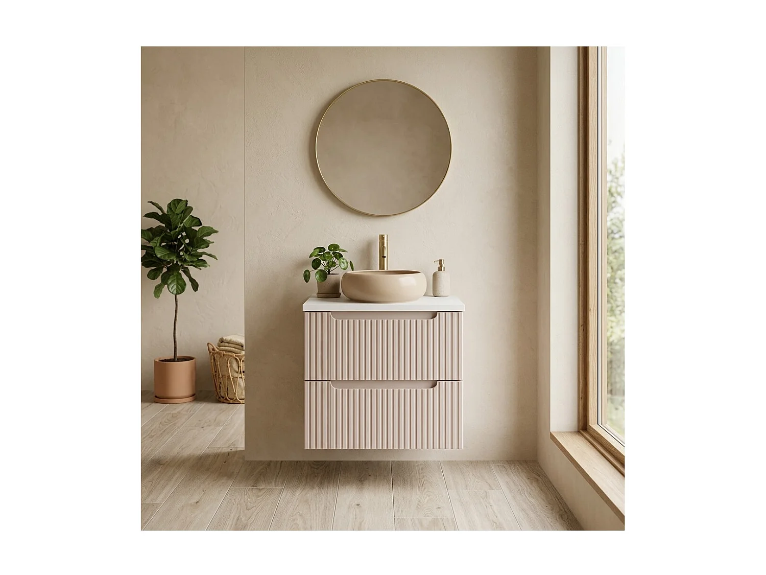 Ensemble de salle de bain VANO cachemire et blanc 60cm : meuble sous vasque à tiroirs rainuré verticalement + plan pour vasque