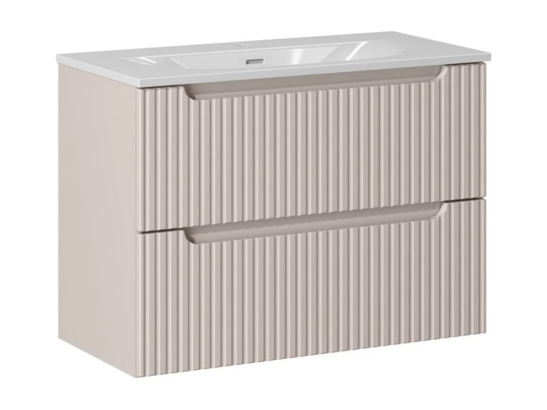 Ensemble VANO cachemire et blanc 80cm : meuble sous vasque à tiroirs rainuré verticalement + vasque encastrée blanche