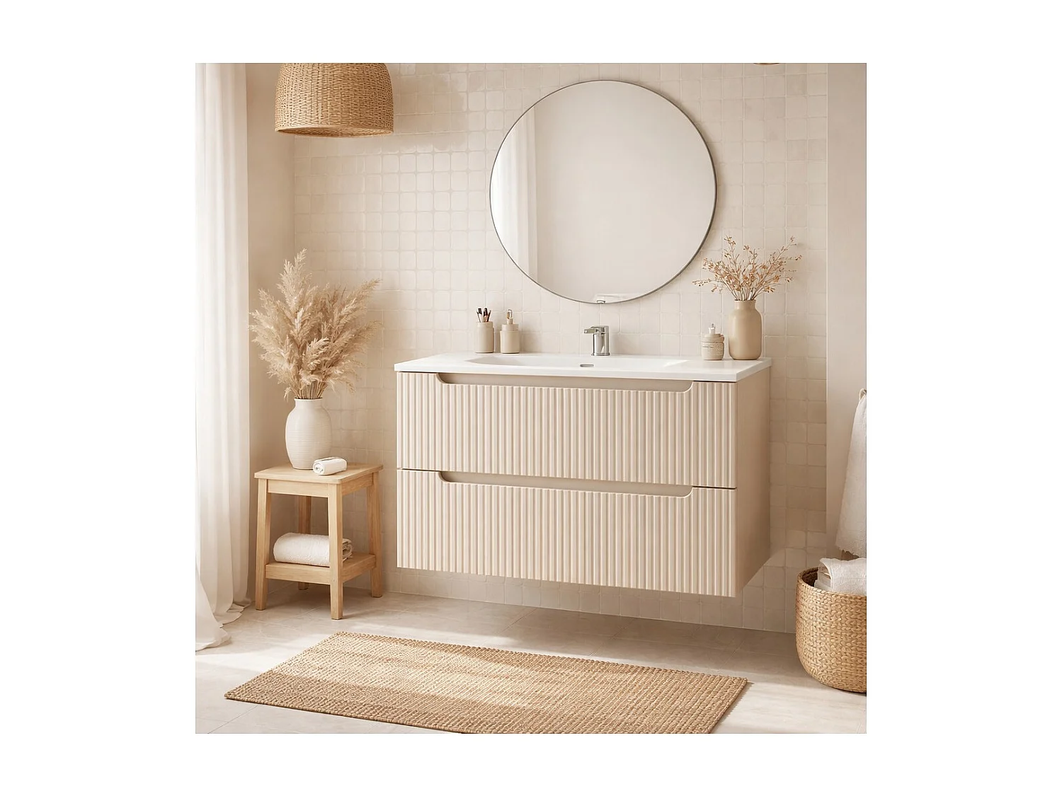 Ensemble VANO cachemire et blanc 80cm : meuble sous vasque à tiroirs rainuré verticalement + vasque encastrée blanche