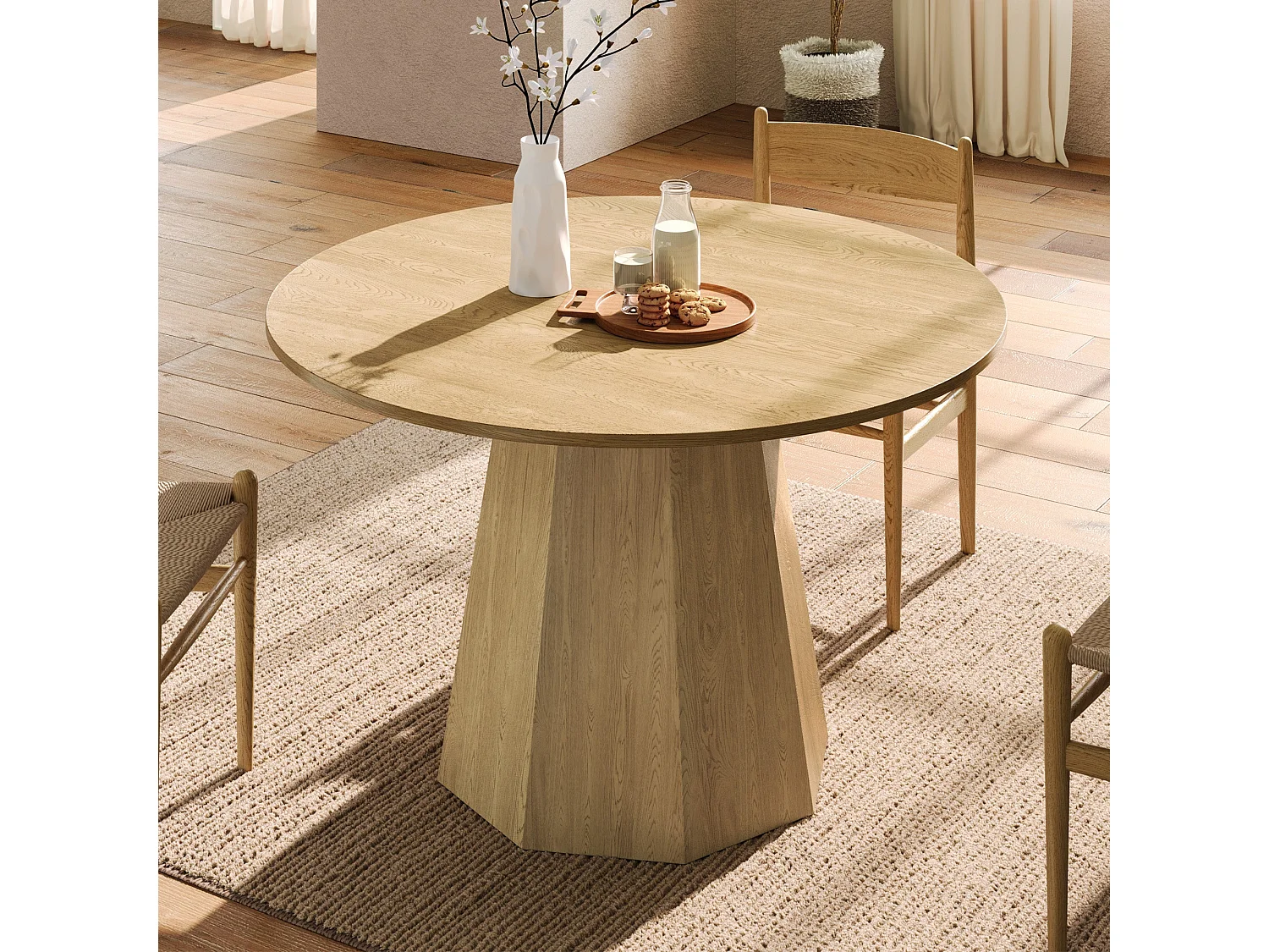 Table de salle à manger ronde scandinave effet chêne 4-6 personnes 120*120 cm