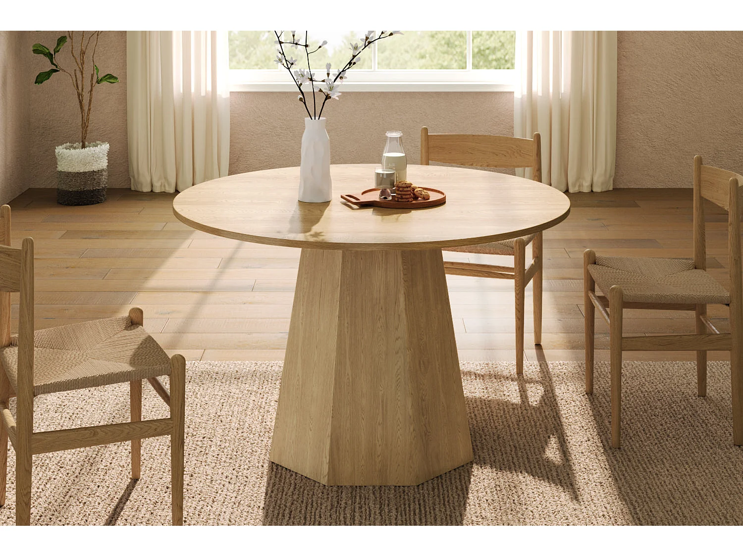 Table de salle à manger ronde scandinave effet chêne 4-6 personnes 120*120 cm