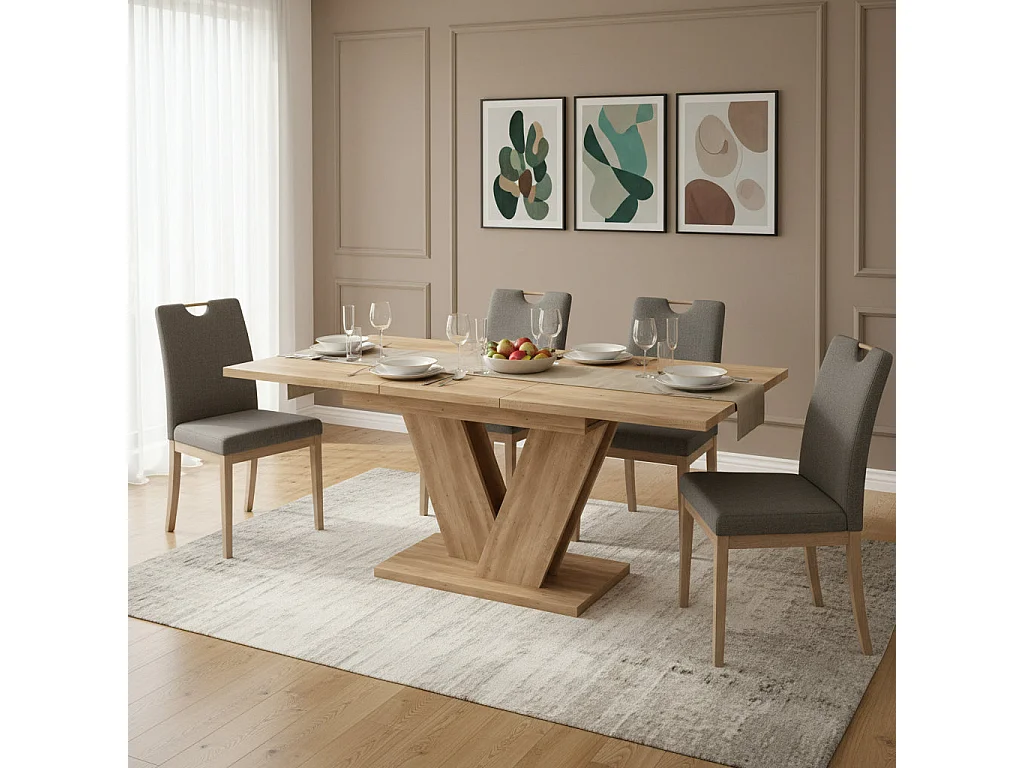 Table de salle à manger extensible effet chêne 4-6 personnes, pieds en V 140/180x80cm