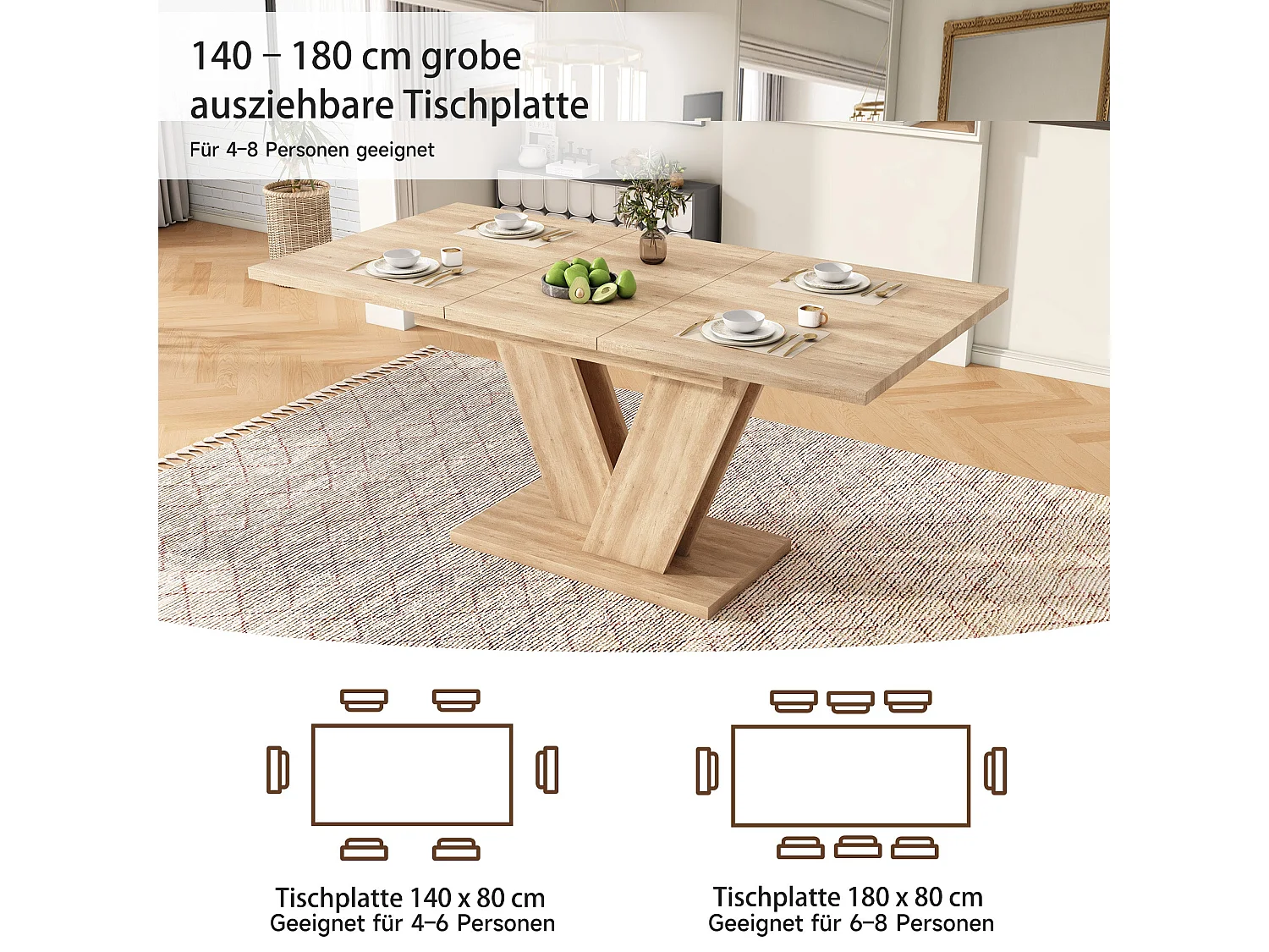 Table de salle à manger extensible effet chêne 4-6 personnes, pieds en V 140/180x80cm