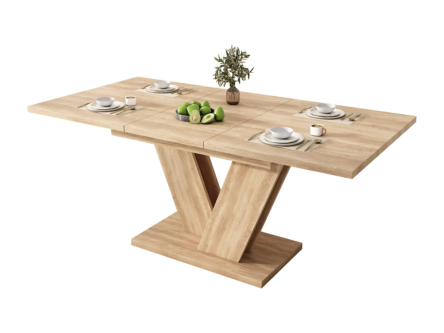 Table de salle à manger extensible effet chêne 4-6 personnes, pieds en V 140/180x80cm