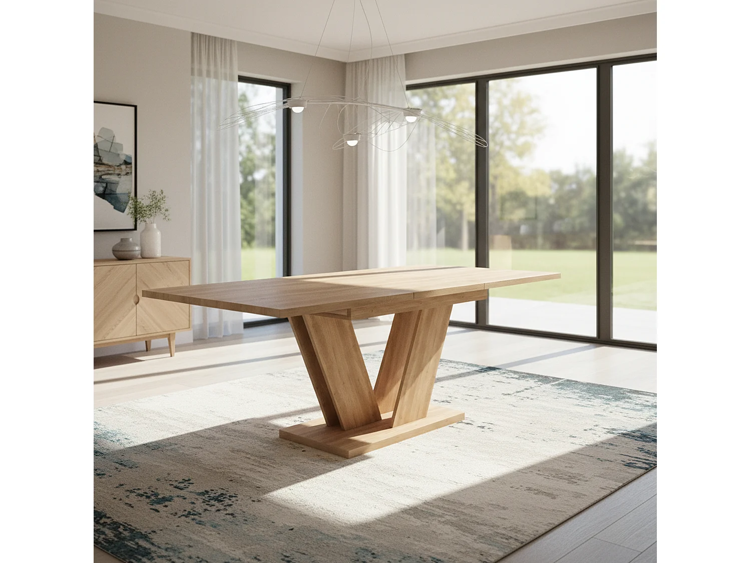 Table de salle à manger extensible effet chêne 4-6 personnes, pieds en V 140/180x80cm