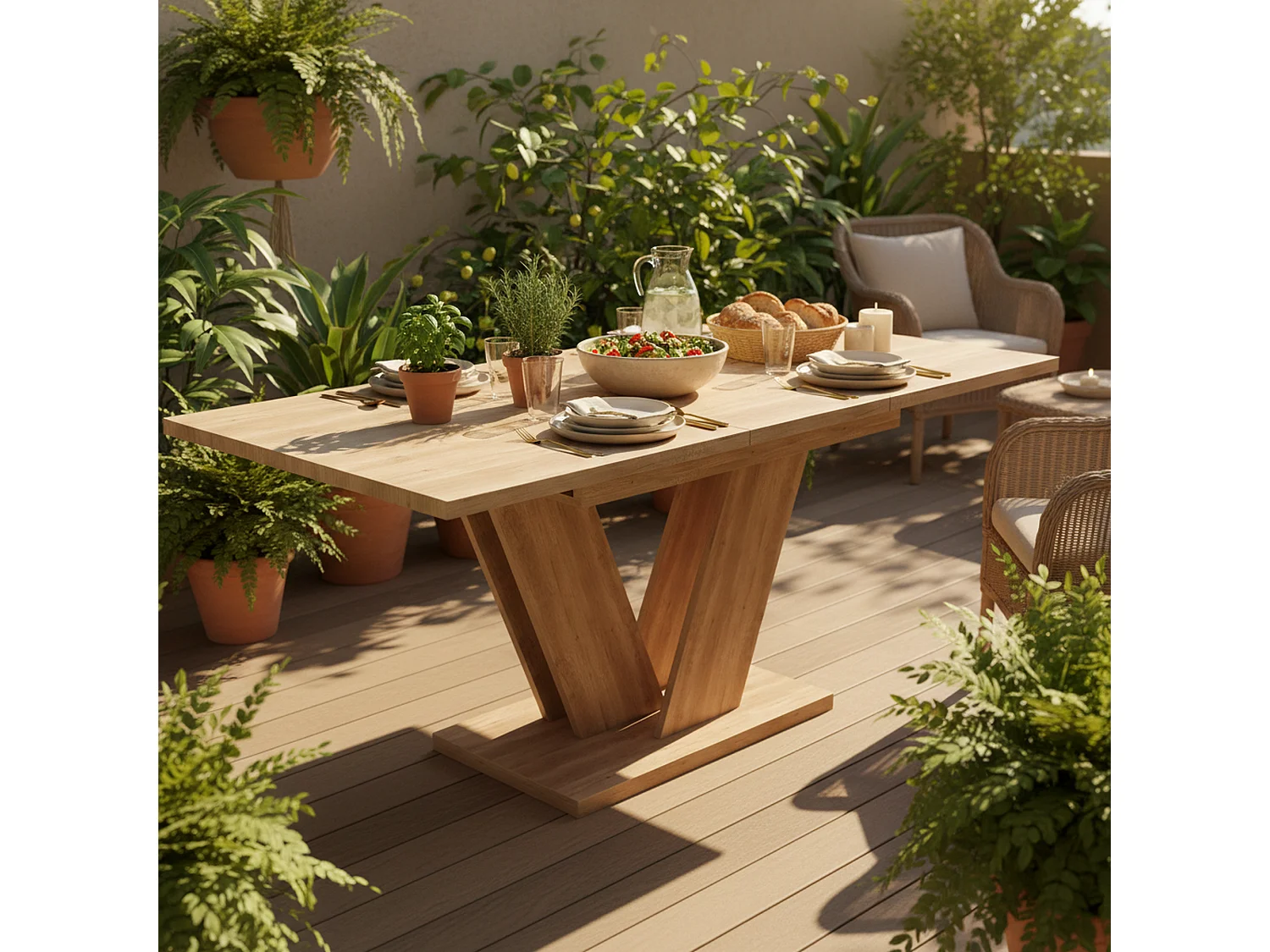 Table de salle à manger extensible effet chêne 4-6 personnes, pieds en V 140/180x80cm