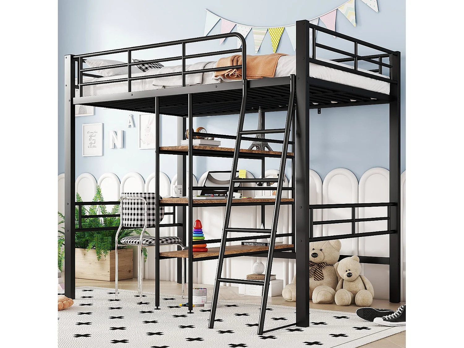 Lit mezzanine simple en métal noir avec bureau, étagères, échelle et garde-corps 90*200cm