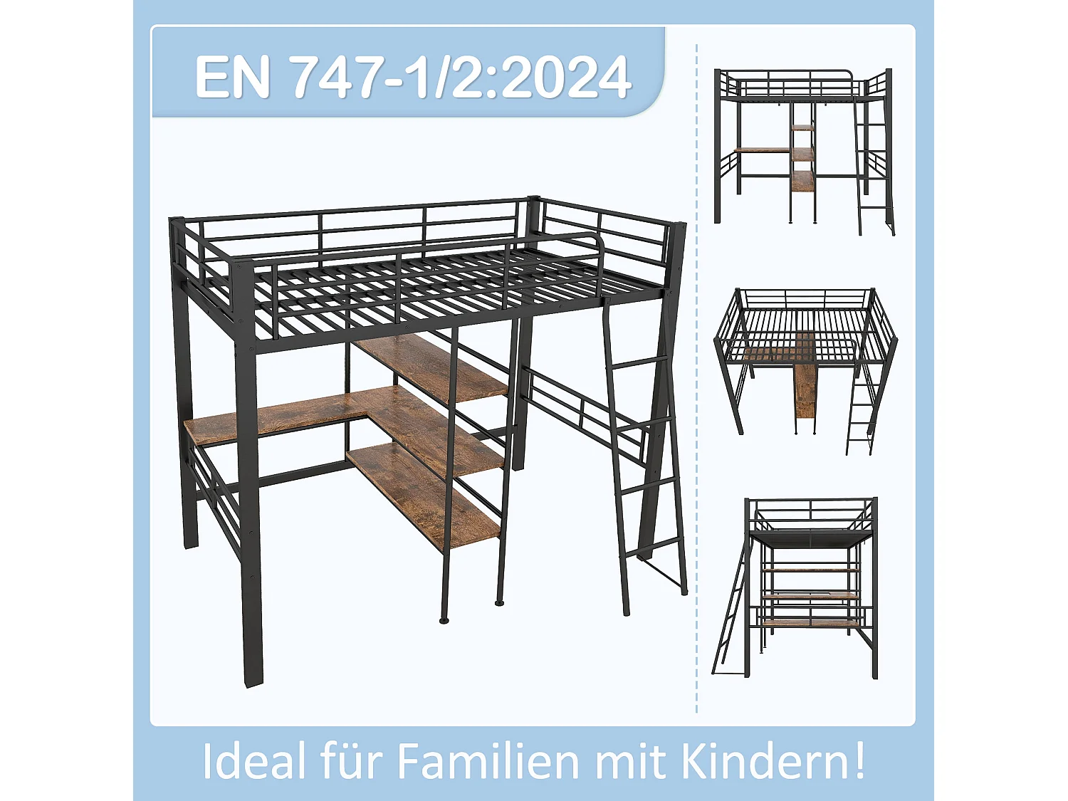 Lit mezzanine simple en métal noir avec bureau, étagères, échelle et garde-corps 90*200cm