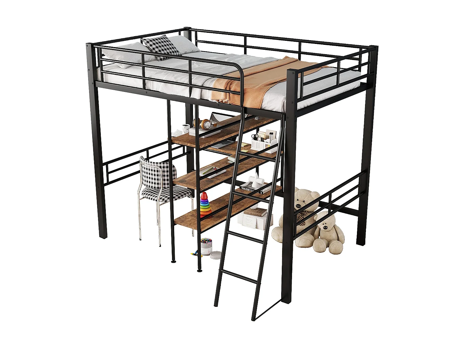 Lit mezzanine simple en métal noir avec bureau, étagères, échelle et garde-corps 90*200cm
