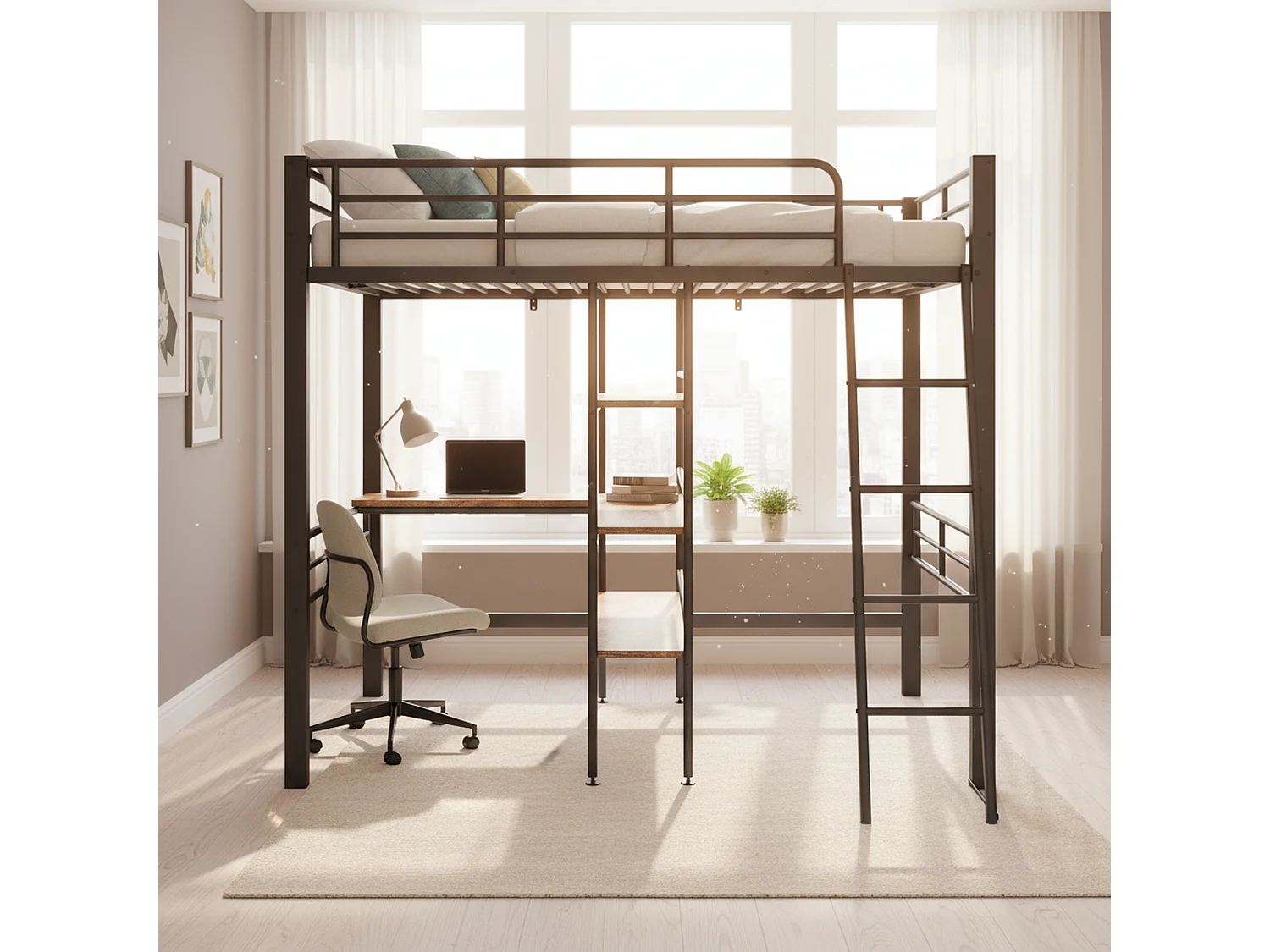 Lit mezzanine simple en métal noir avec bureau, étagères, échelle et garde-corps 90*200cm